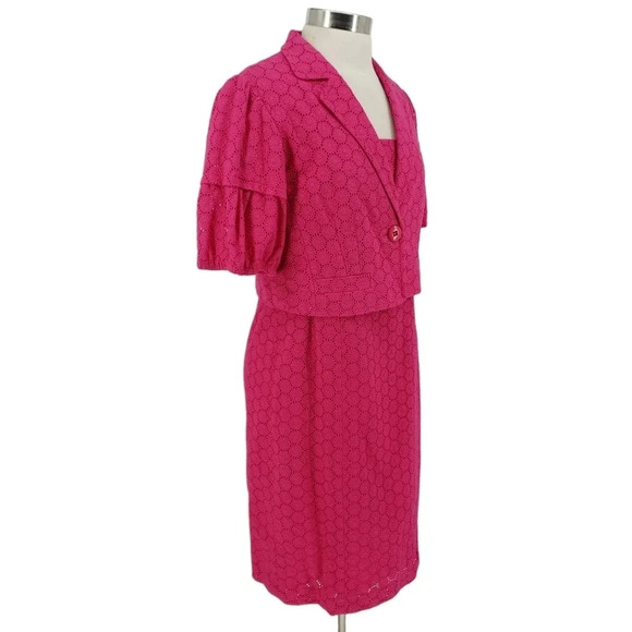 Nine West Suit Sheath Midi Dress Pink Floral Eyelet Short Sleeve Jacket - Picture 4 of 9